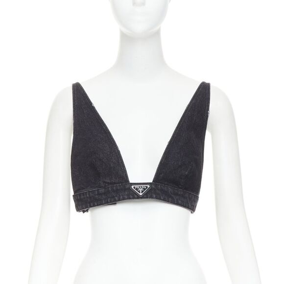 PRADA 2022 dark grey denim black triangle logo plaque bralette crop top IT42 M